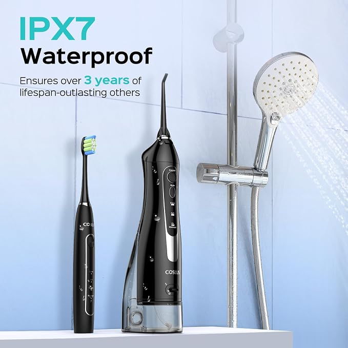 COSLUS C20C41 Water Flosser Electric Toothbrush Combo, 2-1 Oral Clean Kit | Brushing & Flossing for Teeth & Braces Cleaning, Gums Care, Portable Travel Use, Gift for Family, Adults, BPA-Free, Black