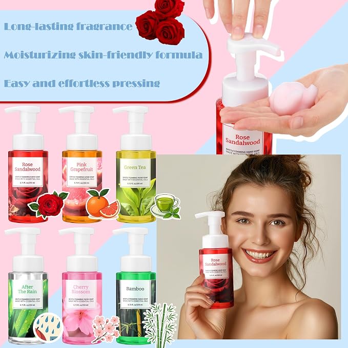 6 Pack Spring Foaming Hand Soap with Pump Care Moisturizing Liquid Gentle Foam Hand Wash Mother's Day Appreciation Gifts Bulk for Kitchen Bathroom Gifts for Teacher Nurse Doctor Employee, 8.75 Fl. oz