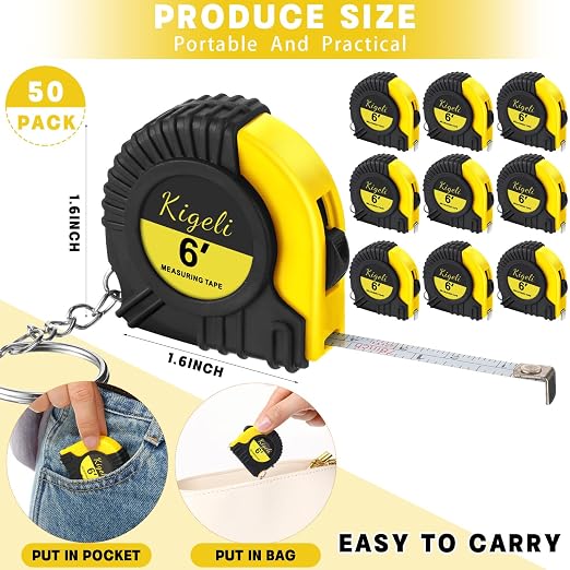 Kigeli 50 Pcs 6ft/2 Meter Mini Measuring Tape Keychains Small Measure Keychain Bulk Set Functional Mini Retractable Measuring Tape Keychains with Slide Lock for Engineer Crafter(Classic,Yellow)