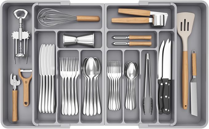 Lifewit Silverware Drawer Organizer, Expandable BPA Free Plastic Utensil Tray for Kitchen, Adjustable Flatware Cutlery Holder for Spoons Forks Knives, 21.3- 36 x 16.9", Gray
