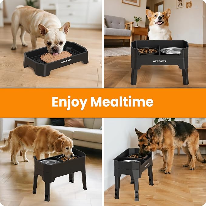 URPOWER 3-in-1 Elevated Dog Bowls with Slow Feeder & Licking Plate | 4 Height Adjustable Raised Stand with 2 Stainless Steel Food Bowls & Licking Plate for Small, Medium & Large Dogs