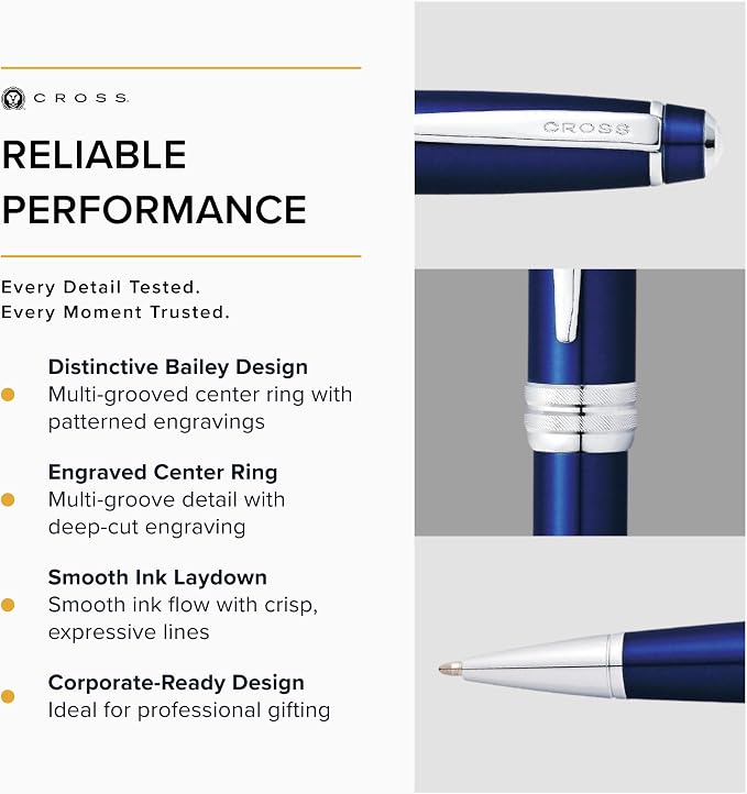 Cross Bailey Blue Lacquer Ballpoint Pen - Refillable Pen for Long-Lasting Use - Smooth Writing - Comfortable Grip - Stylish Distinctive Look - Black Ink - Corporate Gifts