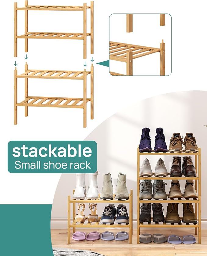 viewcare Small Shoe Rack, 4-Tier Rack for Entryway, Bamboo Wood Shoe Shelf for Closet & Hallway, Long 17 in | Beautiful | Functional | Sturdy | Durable