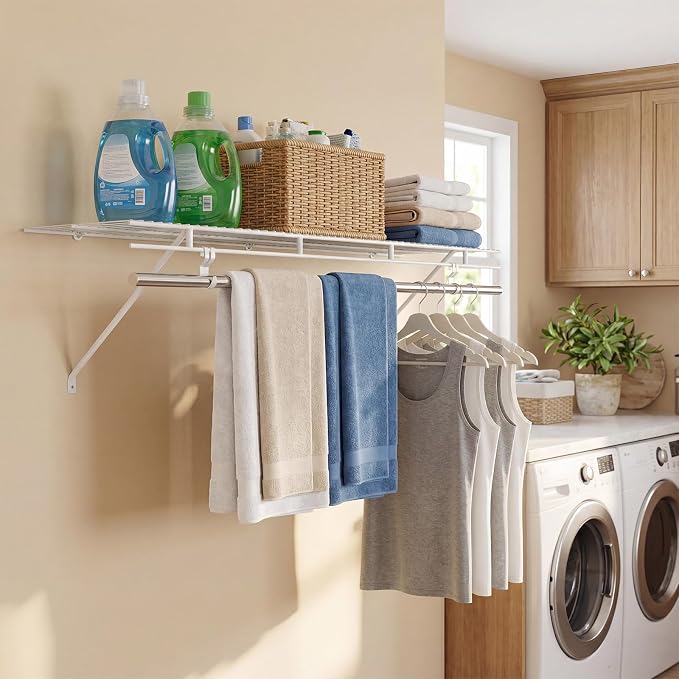 COSTWAY Closet Shelves Wall Mounted, Ventilated Shelf with Hanging Rod | Metal Wire Shelving Kit, Wire Wall Shelf for Laundry Room, Bedroom, Home, Mounting Accessories Included (2, 4 ft x 12 in)