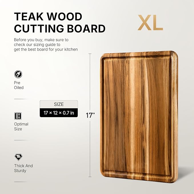 Teak Wood Cutting Board 17'' Wooden Chopping Board Kitchen Appliances | High-End Teak, Over Sink, Wooden Chopping & Charcuterie Board, Easy to Clean, Non-Toxic, Ideal Kitchen Gift, Solid Thick