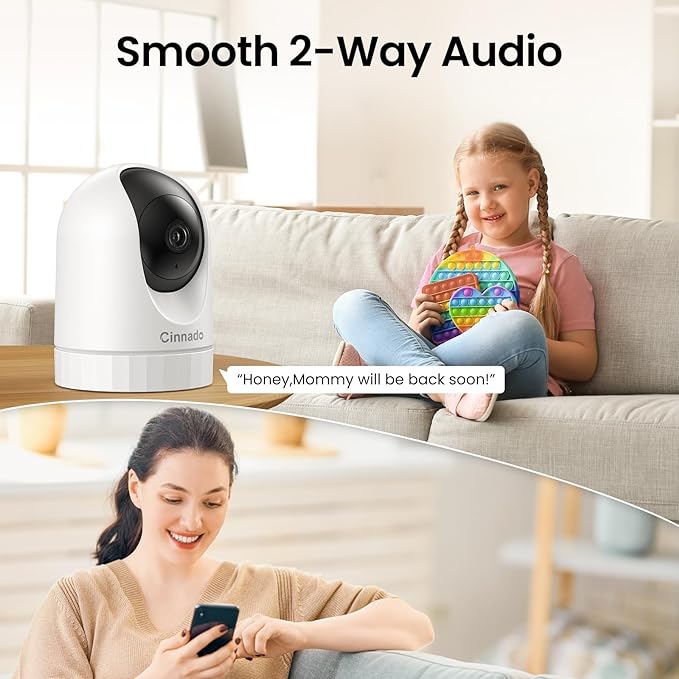 2K Indoor Security Camera-Baby Monitor with 2.4G WiFi Camera and Audio, Siren/Night Vision for Home/Pet/Nanny/Cat, 24/7 SD Card Storage, Cloud (Optional), Compatible with Alexa & Google Home, D1 2P
