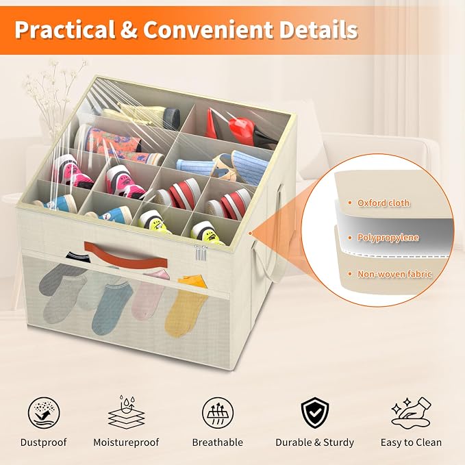 Aokeyee 2 Pack Shoe Organizer for Closet, Stackable Shoe Storage Box, Beige | Fits up to 32 Pairs, Space Saving, Foldable, Shoes Organizer Bin with Clear Cover, 4 Reinforced Handles