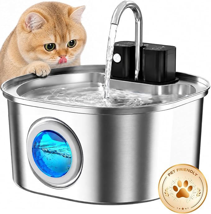 Voluas Stainless Steel Cat Water Fountain, Wireless, 108oz/3.2L, 1 Filter | Cordless Design, Ultra-Quiet Pump, Easy to Clean, BPA-Free