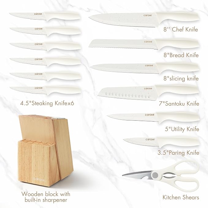 CAROTE 15-Piece Knife Set, Wood Block with Built-In Sharpener, Cream | Stainless Steel Knives, Ceramic Nonstick Coating, Long-Lasting Sharpness, Rust-Resistant, Non-Slip Handles, Dishwasher Safe