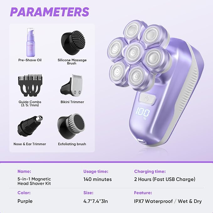 Electric Shaver for Women, Electric Razor with 7D Magnetic Shaver Heads, Wet Dry Bikini Trimmer Kit for Women & Men, Nose Ear Hair Trimmer, USB Rechargeable Clippers, Purple