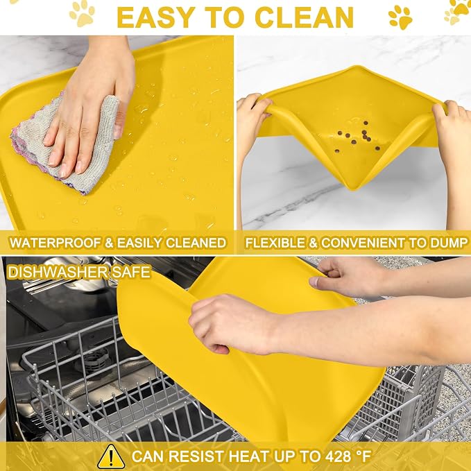 SMILOOL Waterproof Silicone Pet Food Mat with Raised Edge for Dog & Cat | 22" x 14" Non-Slip Pet Feeding Mats with Lip for Food & Water Bowl, Food Grade, Easy Cleaning, Vivid Yellow