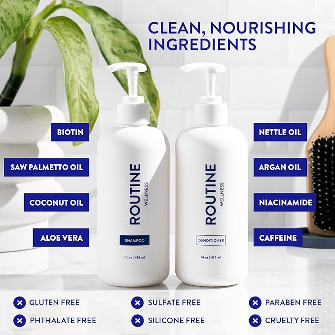 Routine Wellness Anti-Thinning Shampoo and Conditioner Set for Thinning Hair - Biotin DHT Blocker Women & Men - Color Safe Shampoo for Hair Loss & Healthier Hair - Cucumber Set