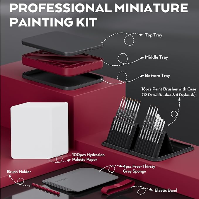 Nicpro Professional Miniature Painting Kit, Stay Wet Palette & 16PCS Detail Paint Brushes Drybrush with Nylon Bag, 100PCS Pallet Paper, 4PCS Sponge, Mixing Paint Saver Palette for Miniature Model