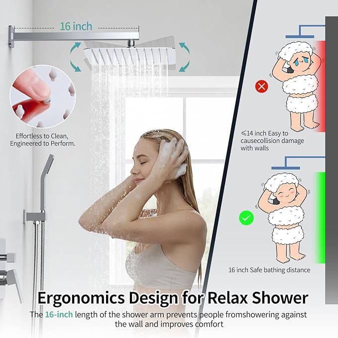 SR SUN RISE Polished Chrome Square Rainfall Shower Head and Handle Set, Wall Mounted Shower Fixtures, Metal Shower Faucet Trim Repair Kits (With Shower Valve)