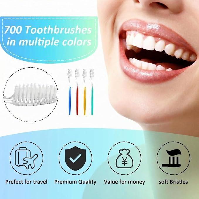 Patelai 700 Pcs Disposable Travel Toothbrush Bulk Individually Wrapped Toothbrush Pack Medium Soft Bristle Manual Disposable Colorful Tooth Brush for Adult Work Travel Hotel Donation (Classic)