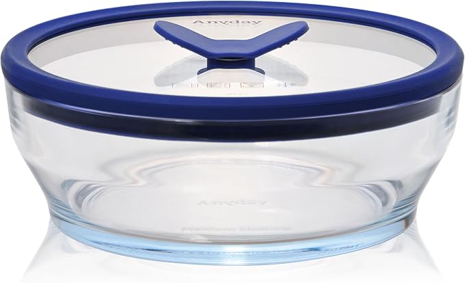 Anyday 4-Cup Glass Food Storage with Lid (Clear Blueberry) | Round Shallow Dish, Plastic-Free Meal Prep, Microwave Steamer, Stackable Airtight Container, for Microwave-Safe Reheating