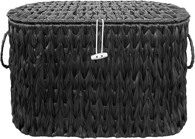 Coeusy Black Toilet Paper Basket with Lid,Wicker Toilet Paper Storage Stand,Large Narrow Bathroom Towel Basket Mega Roll Container Bin for Toilet Tank,Floor