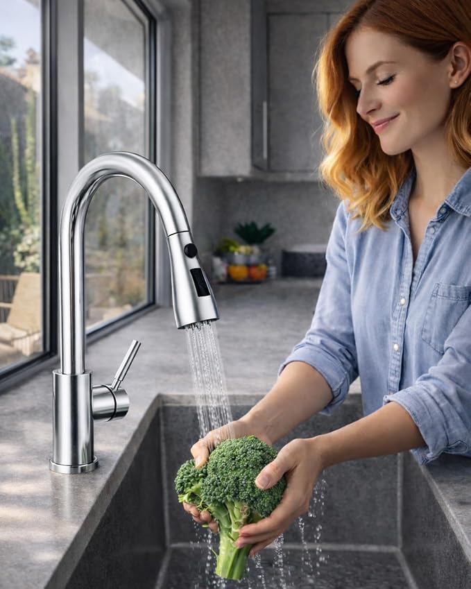 WEWE Kitchen Faucets with Pull Down Sprayer, Stainless Steel Single Handle 1 Hole for Family Kitchen Commercial Camper Laundry Rv Bar, Polished Chrome
