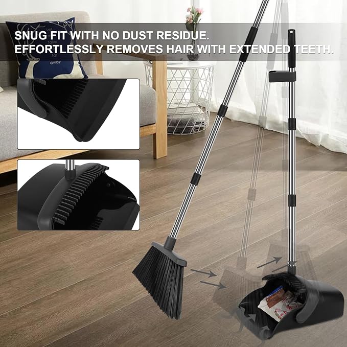 Broom and Dustpan Set, Heavy Duty Large Household Broom with Dustpan Combo Set, 55" Long Handle Black Dust Pan Kit for Kitchen Lobby Indoor Outdoor