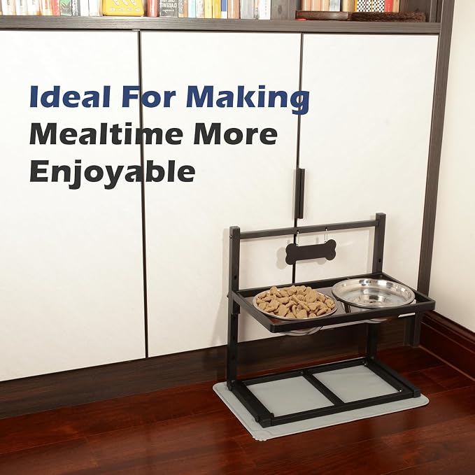 ADENGL Elevated Dog Bowls with Slow Feeder, 5 Adjustable Heights, Anti-Slip, Durable Metal Frame, Spill Proof Mat, Rust-Resistant Bowls, Easy to Clean