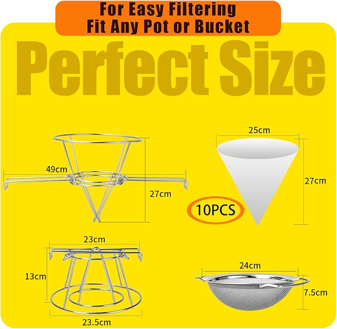10 Inch Maple Syrup Filter Kit – 10 Pack Non-Woven Filter Papers – 304 Stainless Steel Mesh Strainer, 2-Layer Filtration System, Multi-Purpose Daily Filtration