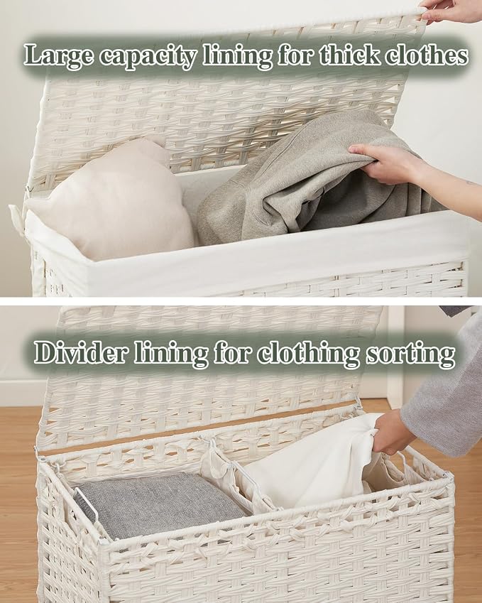 SETVSON Laundry Hamper with Lid Wicker Laundry Basket, White | Decorative Furniture Look for Bathroom & Bedroom, 3-Section Large Wicker Hamper, 3 Cloth Bags, 6 Mesh Bags Included