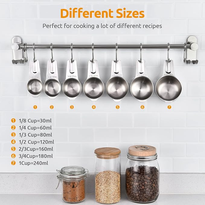Measuring Cups: U-Taste 18/8 Stainless Steel Measuring Cups Set of 7-Piece: 1/8 Cup, 1/4 Cup, 1/3 Cup, 1/2 Cup, 2/3 Cup, 3/4 Cup, 1 Cup Dry and Liquid Ingredients