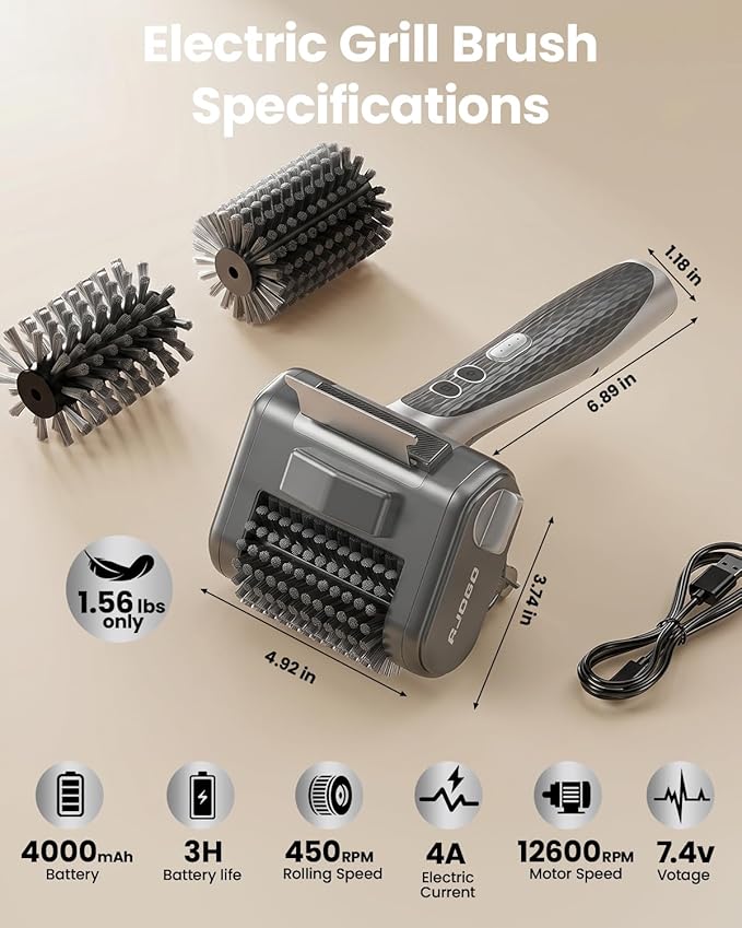 Electric Grill Brush for Outdoor Grill, Cordless BBQ Cleaner with LED Light, Scraper, Dishwasher‑Safe Bristles, 4000 mAh Battery, Rechargeable Power Grill Scrubber (Silver)