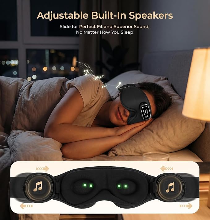 LC-dolida Pro Bluetooth Sleep Mask with White Noise & 3 Lights, Sleep Headphones with Upgrade Chip & Pure Sound, 3D Zero-Pressure Design for Side Sleepers, Total Blackout Soft Sleep Eye Mask, Black