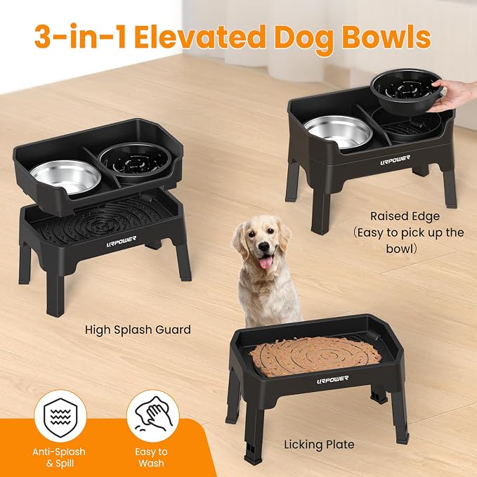 URPOWER 3-in-1 Elevated Dog Bowls with Slow Feeder & Licking Plate | 4 Height Adjustable Raised Stand with 2 Stainless Steel Food Bowls & Licking Plate for Small, Medium & Large Dogs