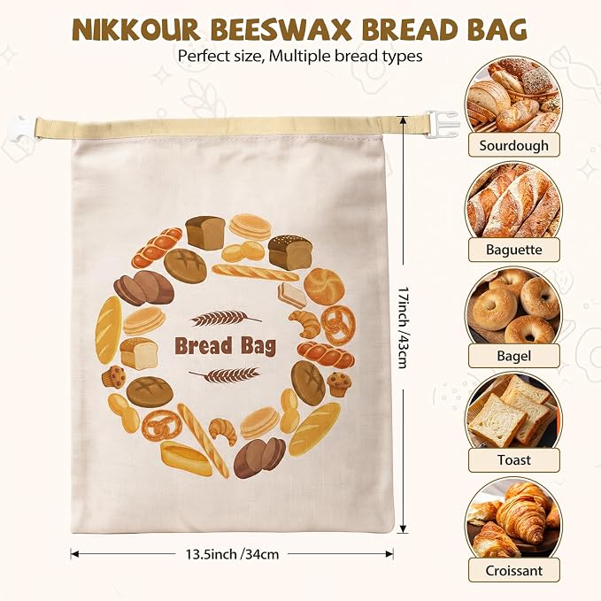 Large Linen Beeswax Bread Bags(2 Pack) Sourdough Bread Bags Reusable Double-Lock Freezer Baking Container Gift Giving for Homemade,Loaf,Sourdough,Food Storage (Bread Wreath Print)