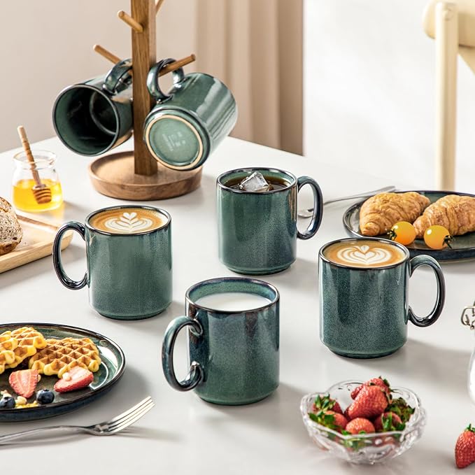 vancasso STARRY Ceramic Coffee Mugs Set of 6, 16 Oz Large Coffee Cups for Latte, Cappuccino, Tea & Hot Cocoa, Artisan Modern Style for Coffee Bar, Home & Kitchen, Microwave & Dishwasher Safe, Green