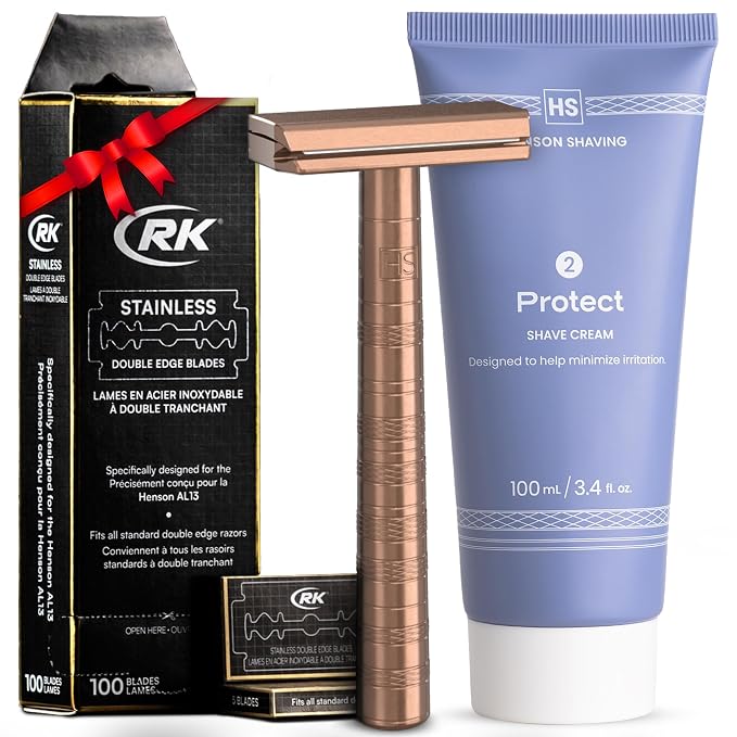 Henson Shaving Razor - Copper Double Edge Safety Razor with 5 Spare Blades, Henson Shave Cream, 100 pack RK Shaving Double Edge Razor Blades