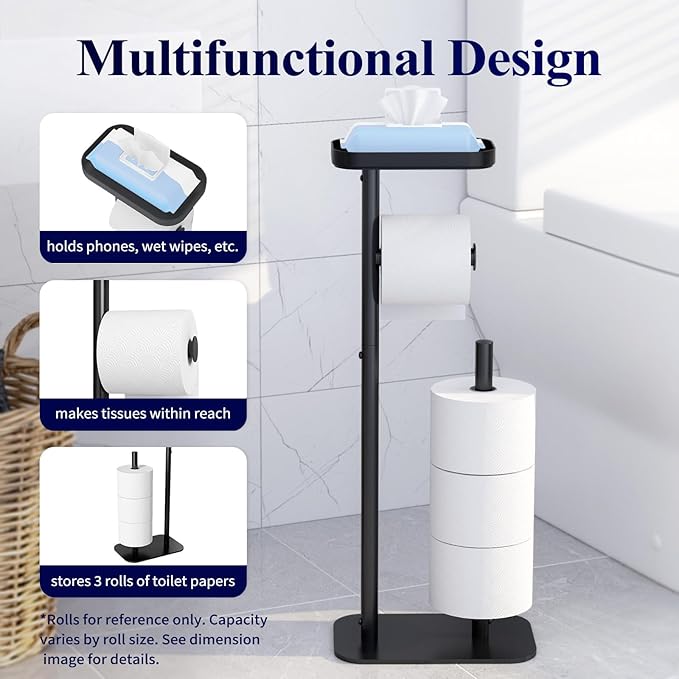 Kitsure Toilet Paper Holder Free Standing – Rustproof Metal Toilet Paper Stand for 4 Rolls with Anti-Slip Base and Shelf for Phone & Small Items, Bathroom Organizers and Storage, Medium, Black