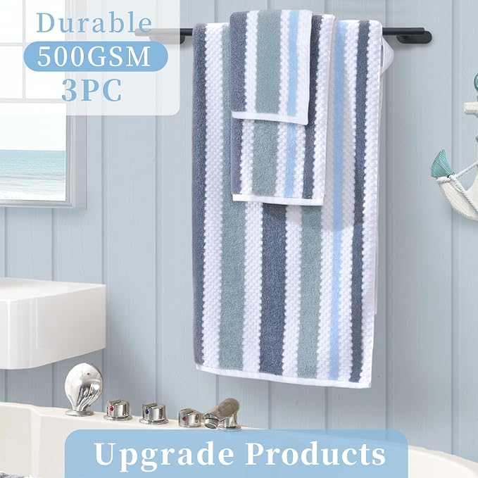 VOOVA & MOVAS Waffle 3PC Towel Set, Cotton, Blue Gray White | Large Bath 30x56 In, Hand 16x27 In, Wash Cloths 13x13 In, Quick Dry, Thick, 540GSM, With Hanging Loops