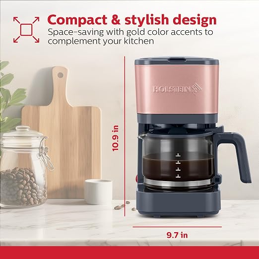 Holstein Housewares 5 Cup Coffee Maker – Compact Drip Coffee Machine with Auto Pause & Serve, Reusable Filter, Glass Carafe, Water Window & Warming Plate. Dark Grey & Rose Gold