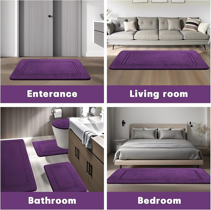 YIHOUSE Purple Memory Foam Bathroom Rug Set - 5 Piece Non Slip Bath Mats, Absorbent & Quick Drying for Bathroom Floor