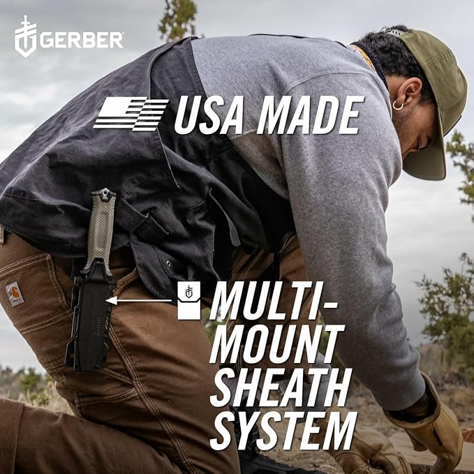 GERBER GEAR Strongarm Camp - Fixed Blade Camping Knife for Controlled Cuts For First Aid Or Cutting Rope Made With 420HC Full Tang Plain Edge Blade And Diamond-Textured Grippy Handle-Made in USA- Gray