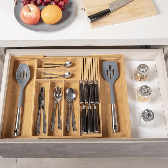TIOPGHAD Bamboo-Silverware-Drawer-Organizer-Kitchen, Expandable Utensil Holder Cutlery Tray Flatware Organization Adjustable Wood Tableware Dividers Storage (with Removable Knife Block)(Natural)