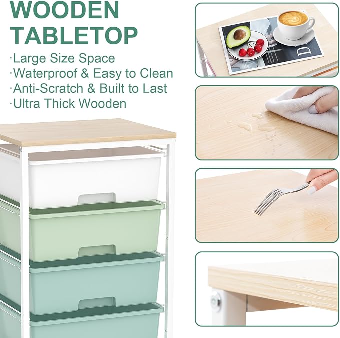 SYKIARIOL Utility Cart with 4 Drawers,Rolling Storage Cart with Drawers,Storage Rolling Drawer Cart with Wooden Tabletop for Bedroom,Kid's Room,Dorm,Classroom,Office,Green