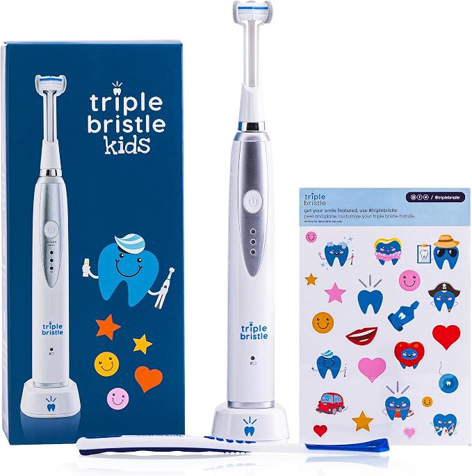 Triple Bristle Kids Sonic Three Sided Toothbrush, 1 Pack | Clean Teeth and Gums, Dentist Created and Approved, Fun Sticker Rewards, Rechargeable