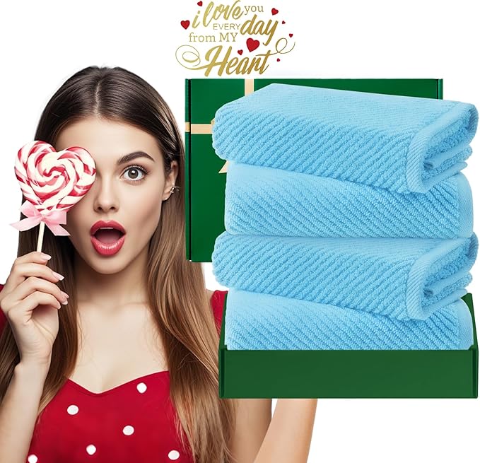 VOOVA & MOVAS Bathroom Hand Towels 4PC, 100% Cotton, 18x28 in, Blue | Thick, Quick Dry, Soft, Absorbent, Bathroom Essentials, Suitable For Shower, Spa, Household Use