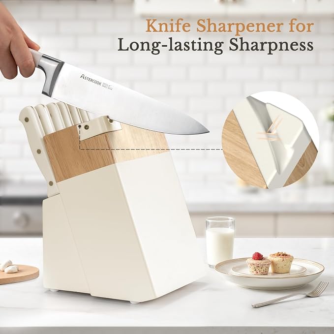 Knife Set,Astercook Kitchen Knife Set with Block 14-Piece Full Tang Stainless Steel Knives with Sharpener Dishwasher Safe and Anti-Slip Ergonomic Handle Utensils Set
