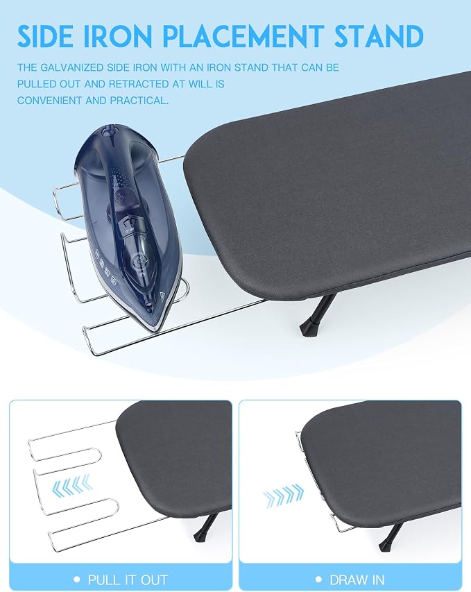 BiJun Small Ironing Board, Foldable Table Top Ompact Portable Mini Ironing Board w/Iron Rest, Set for Dorm Rooms, RVs, Travel Apartments Black Easy to Use and Save Space