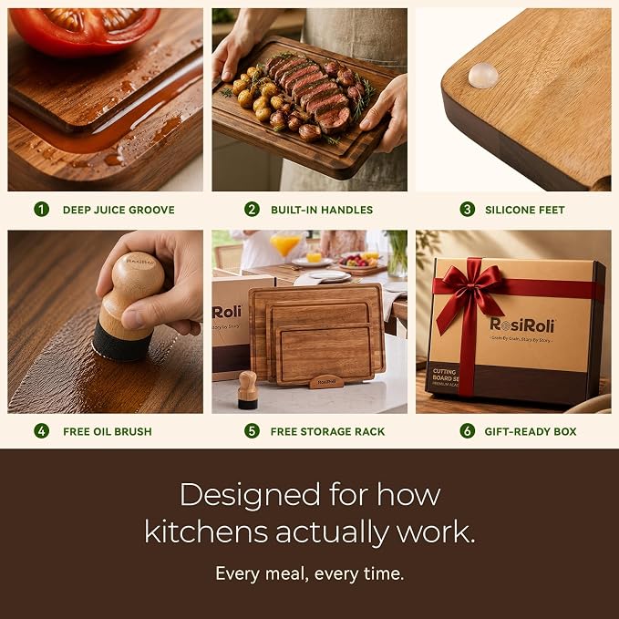 Non-toxic Acacia Wood Cutting Board Set of 3 for Kitchen | Kiln-Dried & Pre-Oiled 3x, Warp-Resistant Solid Acacia with Juice Groove, Handles & Anti-Slip Feets