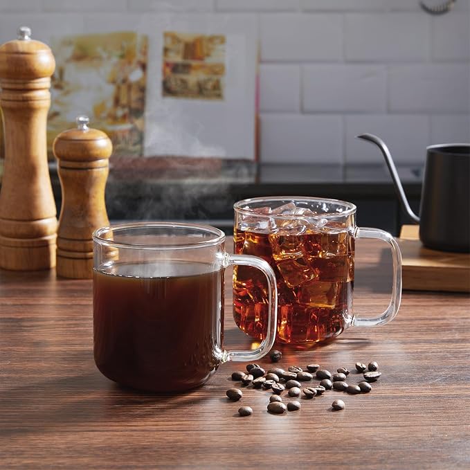 Glass Coffee Mugs, 14 oz iced coffee cups, Clear Tea Cups Set of 2, Glass Mugs with Handles, Glass Cups for Latte, Cappuccino, and Tea