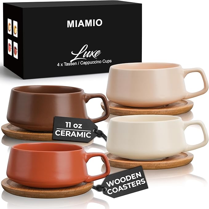 MIAMIO - Cappuccino Cup Set of 4, Ceramic (11oz) - Luxe (Beige Pastel) | Ceramic cappuccino cups and saucers, wide latte cups and mugs for Americano, 4-piece set of ceramic cups, dishwasher safe