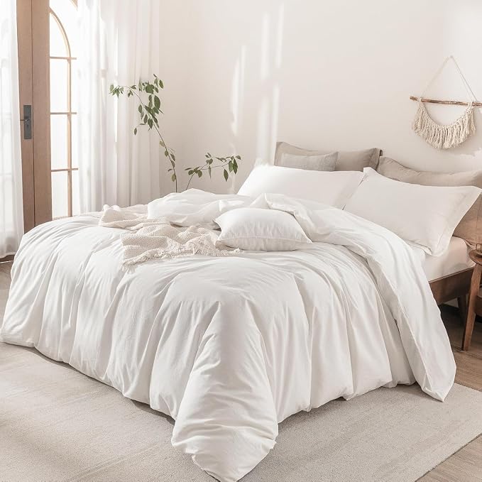 Off White Duvet Cover Oversize Queen Size 100% Washed Cotton Bedding Set Cover 1 Duvet Cover Zipper Closure and 2 Pillowcases, 98inch x 98inch