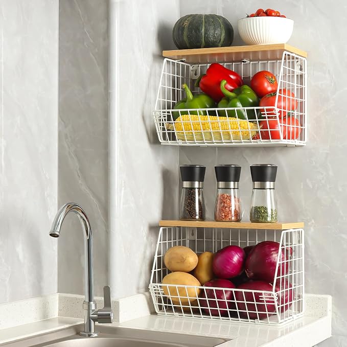 Mefirt Fruit Basket, 2-Tier Fruit Bowl for Kitchen Counter, Stackable Wall Mounted Fruit Storage, Snack Organizer, Potato and Onion Storage Basket, Hanging Pantry Storage with Wood Lid, 2 Set, White