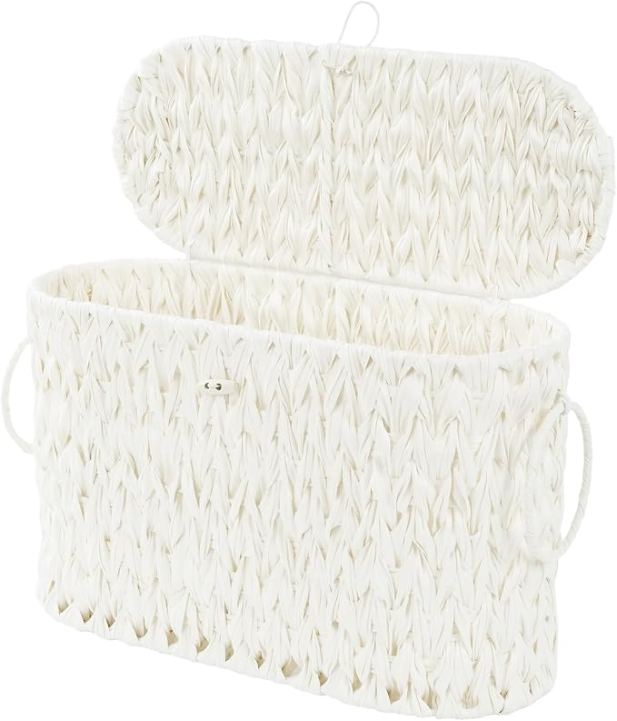 Coeusy Toilet Paper Basket,Wicker Toilet Paper Storage with Lid,Decorative Boho Wicker Basket for Bathroom,Free Standing-Cream White